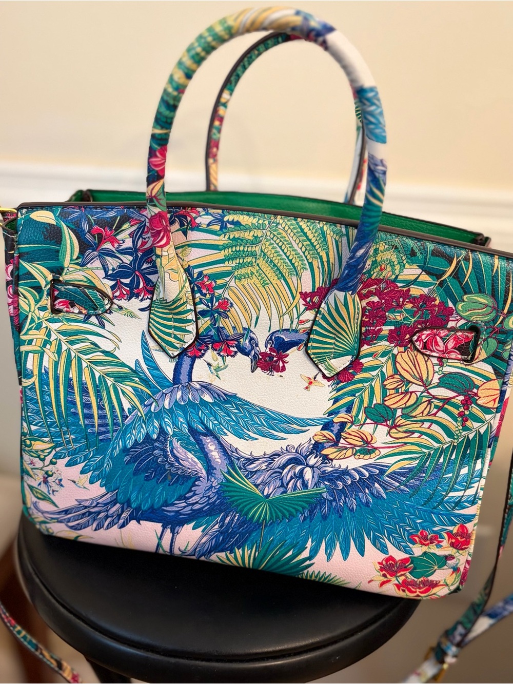 Limited Edition Graffiti Style Handbag 30cm Leather Tote Bag. Jungle Motif
